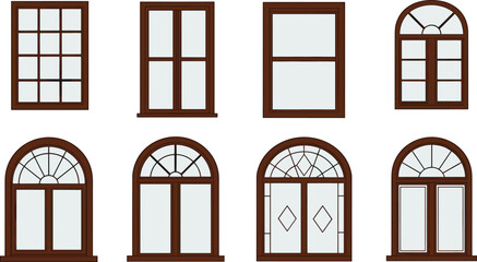 Classic arched and rectangular wooden window vector set, traditional architecture frames, vintage pane design elements, home construction decoration, house facade illustration, realistic window shapes