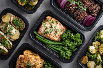Healthy meal prep containers with various delicious and nutritious food options.