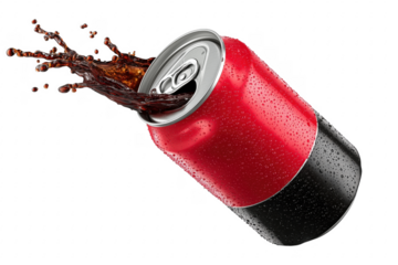 Red black soda can splash drink isolated on a transparent background