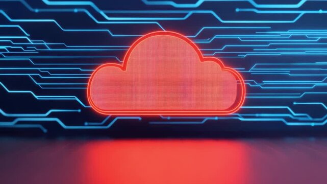 Stylish digital backdrop featuring a bright red cloud symbol on a futuristic blue circuit board pattern for technology concepts 4k video footage