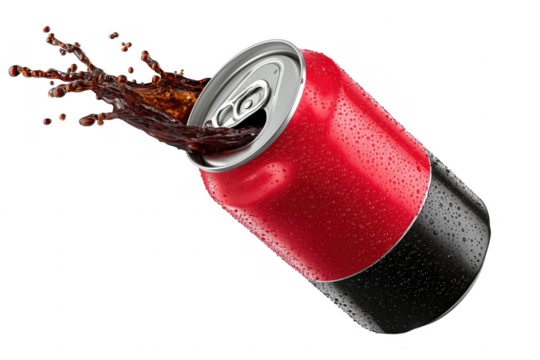 Red black soda can splash drink isolated on a transparent background