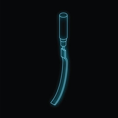 Glowing neon outline of a wood carving tool in isometric projection against a black background