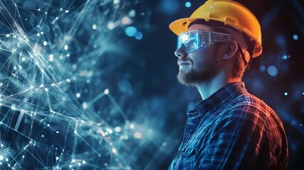 Young man wearing safety helmet and VR glasses in high-tech environment