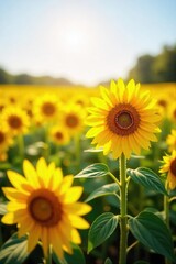 Fototapeta premium A vibrant field of sunflowers basks in the warm sunlight, their bright yellow petals radiating optimism and joyful energy Perfect for themes of summer, happiness, and positivity , hope, radiant