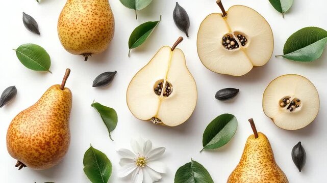 Close-up shot of pears surrounded by leaves and flowers on a white surface