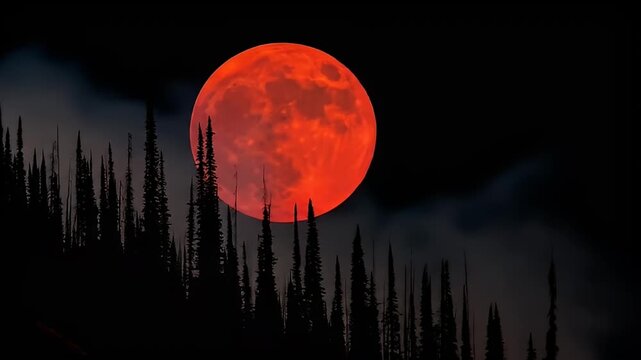 A large, bloodred moon hangs ominously in a dark night sky, silhouetted by the sharp, pointed tops of pine trees, creating a mysterious and eerie atmosphere