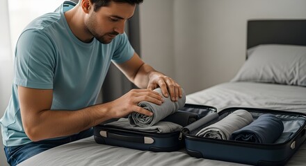 Young man in a bedroom efficiently rolls and packs his clothes into a suitcase, preparing for an upcoming journey or vacation.