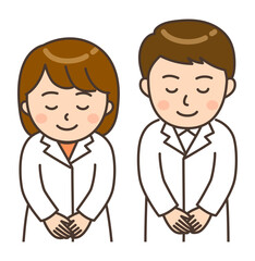 頭を下げてお辞儀する若い男女の薬剤師のイラスト