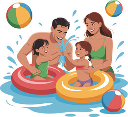 Family playing in pool together, summer fun, swim rings, water splashes, beach balls, bonding, parenting, children, joy, outdoor activity