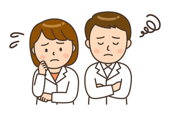 悩んでいる若い男女の薬剤師のイラスト