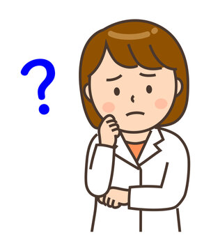 疑問があり考えこむ若い女性薬剤師のイラスト