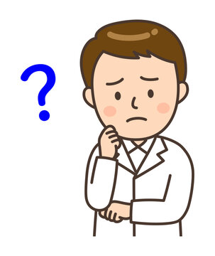 疑問があり考えこむ若い男性薬剤師のイラスト