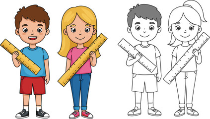Happy school kids holding rulers, cartoon children measuring tools illustration, boy and girl with rulers, educational coloring activity