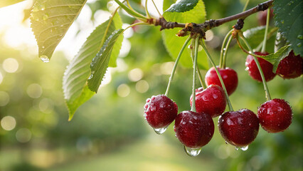 Cherries tree with water drop in garden, Cherry tree in natural warm sunlight background