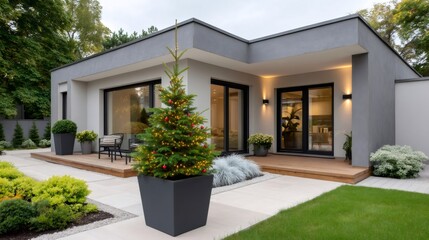 Fototapeta premium Modern holiday home exterior with decorated Christmas tree