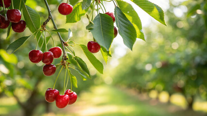 Cherry hanging on tree branch in garden, Cherry on tree in natural warm sunlight background