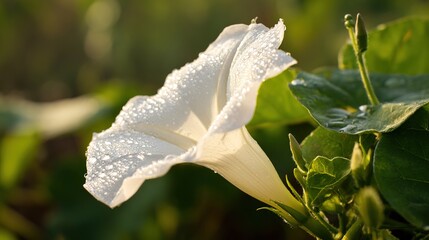 beads. Morning glory flower with dew droplets on delicate petals in soft morning light. gardening catalogs, home-decor guides, designed for home decor and floral branding, celebrates nature.