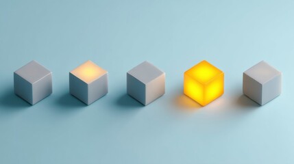 Obraz premium Six geometric cubes arranged horizontally on a flat surface with a light blue background,