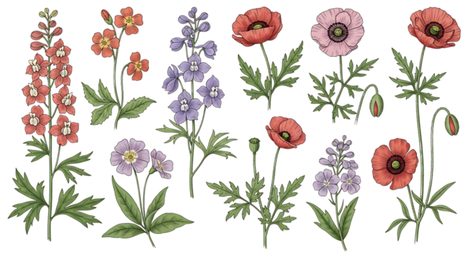 Vintage botanical illustration of various wildflowers including poppies and delphiniums isolated on white background