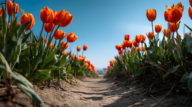 Vibrant orange tulips gracefully stretch towards the bright sky along sandy paths in springtime bloom creating a beautiful field of floral splendor making a scenic landscape view