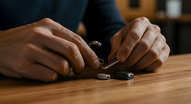 Close-up of Hands Assembling Hearing Aid Devices on Wooden Table Surface in a Minimalist Workspace Environment