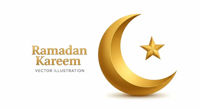 Ramadan Kareem Golden Crescent Moon and Star 3D Vector Illustration Islamic Design