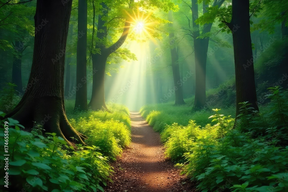 Poster sun-dappled forest path winds through lush greenery, sunlight filtering through leaves, creating a m