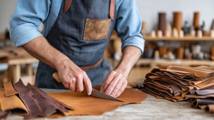 Close-up of leather craftsman cutting material by hand, concept of handmade leatherwork and craftsmanship