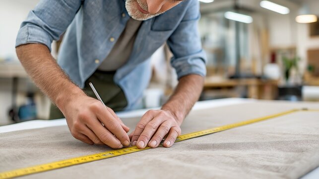 Tailor measuring fabric on worktable in textile workshop, concept of fashion design and craftsmanship