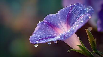 beads. Morning glory flower with dew droplets on delicate petals in soft morning light. gardening catalogs, home-decor guides, designed for home decor and floral branding, celebrates nature.