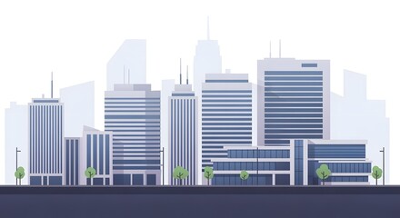 Obraz premium Modern city skyline illustration with midrise buildings and soft gradient tones, perfect for websites, presentations, and branding.