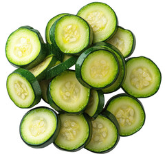 Sliced green zucchini pile on transparent background