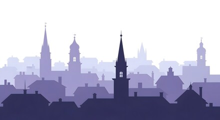 Obraz premium Minimal silhouette cityscape with rooftops and spires in monochrome, great for templates, icons, or print projects.