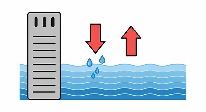 Sea Level Rise and Flood Risk Illustration with Water Gauge and Red Arrows