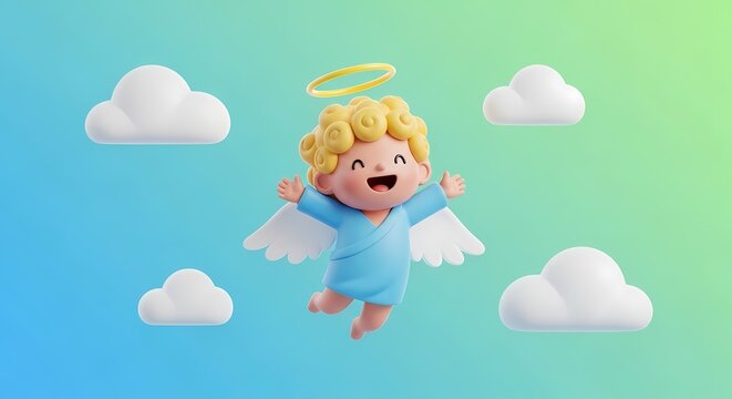 Cute 3D Baby Angel Cartoon Character Flying on Blue Sky Background