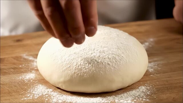 Baker Sprinkling Flour on Fresh Dough