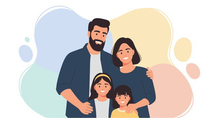 A happy family of four stands together, smiling and embracing, with a colorful abstract background, representing love and togetherness.