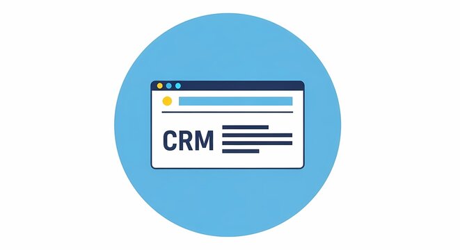 CRM software interface icon in blue circle, customer relationship management concept