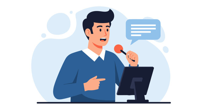 An illustrated man speaks into a microphone, presenting information with a speech bubble, representing communication and public speaking.