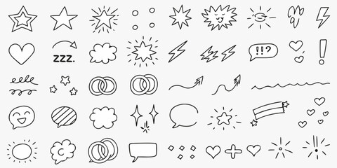 Collection of hand drawn black doodle icons and symbols on white background