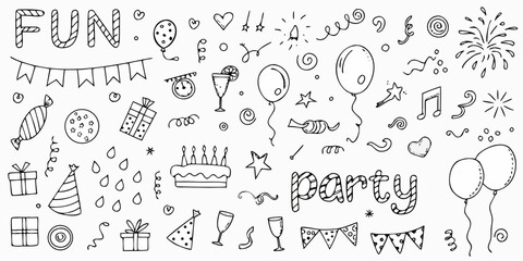 Collection of hand drawn party and celebration elements including balloons cake gifts and confetti