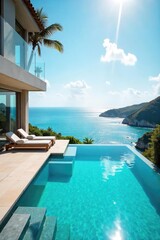 Fototapeta premium Sun-drenched infinity pool overlooking a breathtaking ocean vista; ultimate relaxation and escape at a luxurious private villa , sunshine, sun, holiday