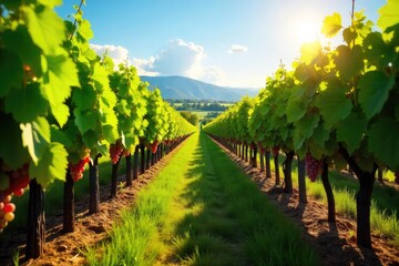 Naklejka premium Sun-drenched rows of grapevines stretching across a picturesque vineyard landscape, ready for harvest Lush foliage and ripe grapes hanging heavy on the vines , grapevines, leaves, rows