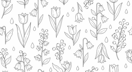 Fototapeta premium Hand Drawn Wildflower Seamless Pattern, Minimal Botanical Line Art Background