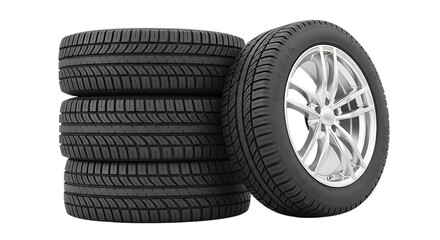 Stack of new car tires and one tire mounted on a silver alloy wheel isolated on white background
