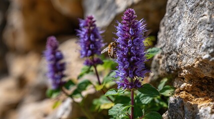 Obraz premium hyssop. Close-up of purple hyssop flowers in a rocky crevice with a bee collecting pollen in sunlight. gardening catalogs, home-decor guides, designed for home decor and floral branding.