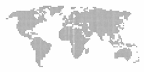 Abstract world map composed of black dots on a white background representing global connection and data © Rathin