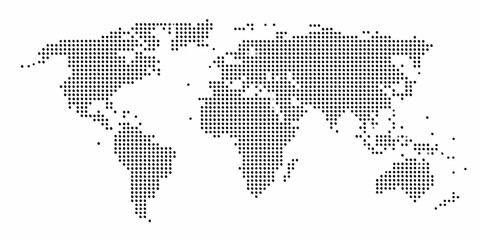 Abstract world map composed of black dots on a white background representing global connections and data © Rathin