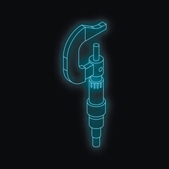 Neon blue isometric micrometer measuring tool glowing on dark background, representing futuristic engineering and precision measurement