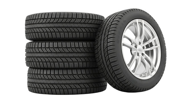 Stack of new car tires and one tire mounted on a silver alloy wheel isolated on white background